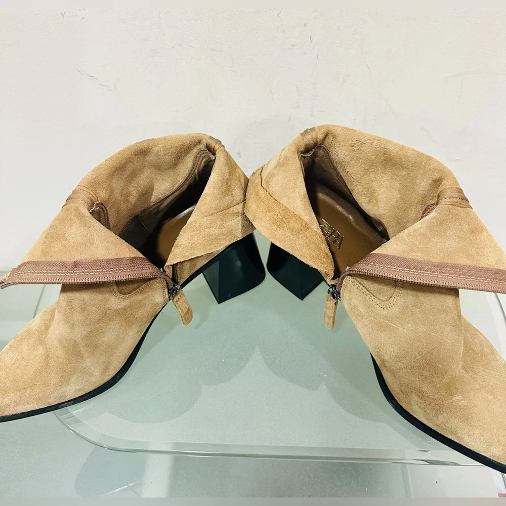 NWOT Zara Tan‎ Suede Ankle Boot  Block Heel  Bootie Pointed Toe 40 US 9 / 9.5